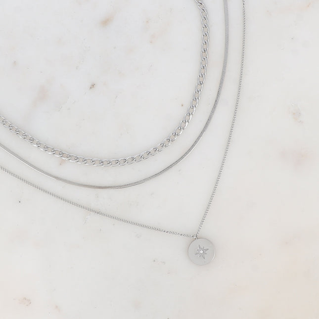 Aloisia 3-strand necklace - mirror link, curb chain with round disc, star and cubic zirconia
