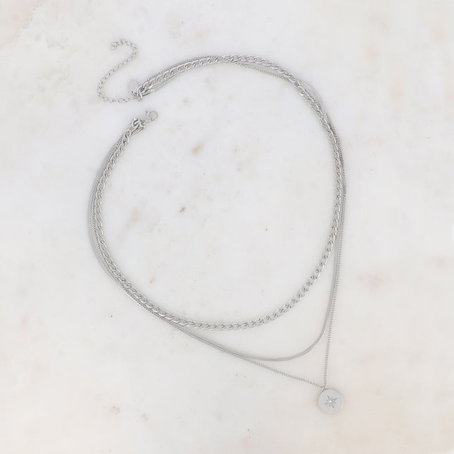 Aloisia 3-strand necklace - mirror link, curb chain with round disc, star and cubic zirconia