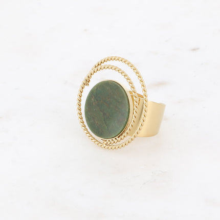 Bague - cercle tourbillonnant et pierre naturelle ronde plate