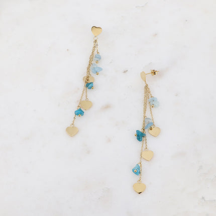 Boucles pendantes - pampilles coeurs lisses, chaînes pendantes et pierres naturelles