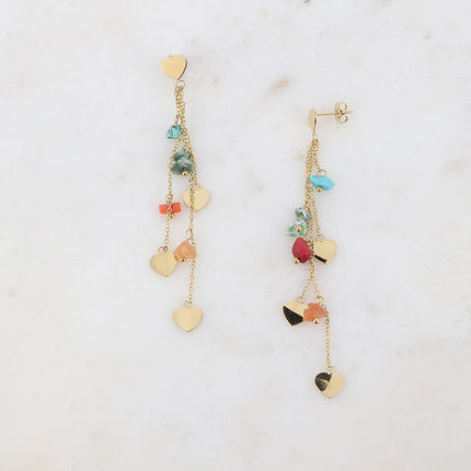Boucles pendantes - pampilles coeurs lisses, chaînes pendantes et pierres naturelles