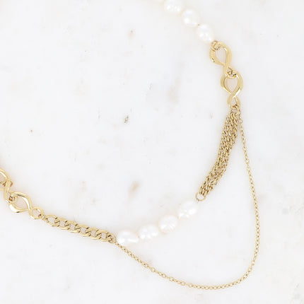 Collier Gladys - UNISEX - mailles gourmettes et forçat, anneaux 8 et perles d'eau douce