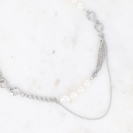 Collier Gladys - UNISEX - mailles gourmettes et forçat, anneaux 8 et perles d'eau douce