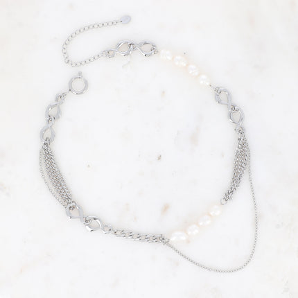 Collier Gladys - UNISEX - mailles gourmettes et forçat, anneaux 8 et perles d'eau douce
