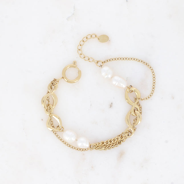 Bracelet Gladys - UNISEX - mailles gourmettes et forçat, anneaux 8 et perles d'eau douce