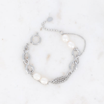 Bracelet Gladys - UNISEX - mailles gourmettes et forçat, anneaux 8 et perles d'eau douce