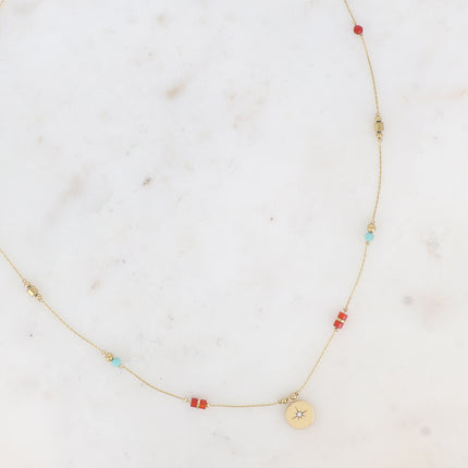 Collier Madala - chaîne fine, pierres naturelles, pendentif rond étoile et oxyde de zirconium