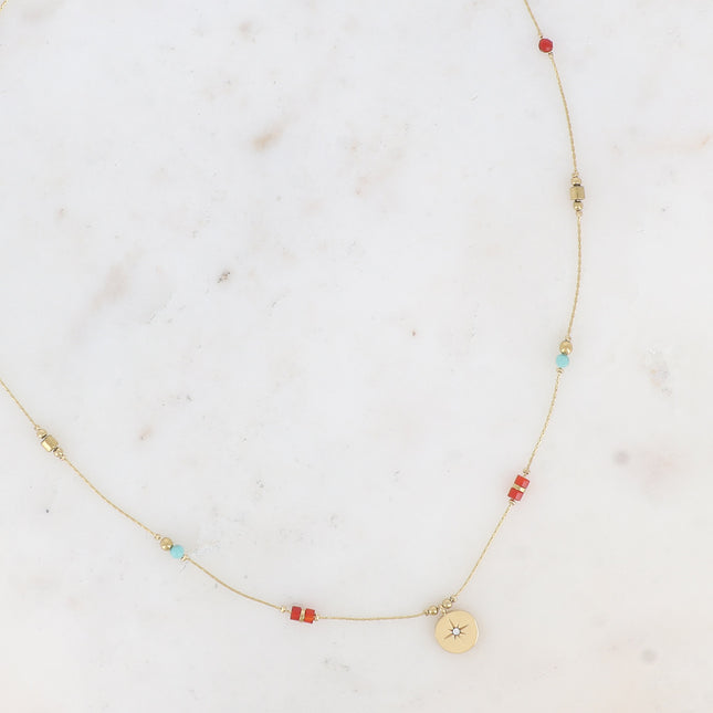 Madala Necklace - fine chain, natural stones, round star pendant and cubic zirconia