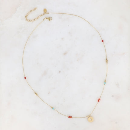 Collier Madala - chaîne fine, pierres naturelles, pendentif rond étoile et oxyde de zirconium