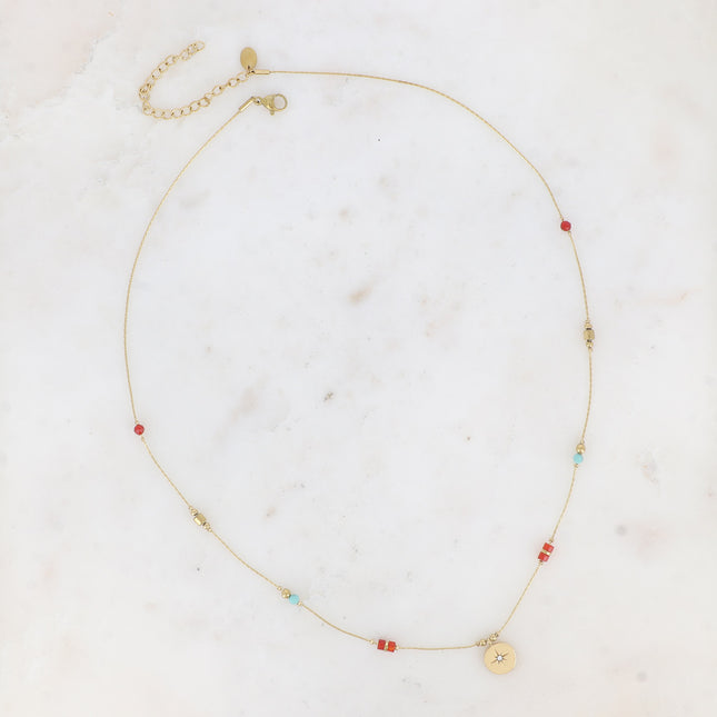 Madala Necklace - fine chain, natural stones, round star pendant and cubic zirconia