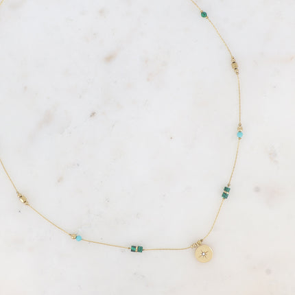 Collier Madala - chaîne fine, pierres naturelles, pendentif rond étoile et oxyde de zirconium