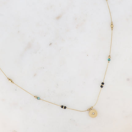Collier Madala - chaîne fine, pierres naturelles, pendentif rond étoile et oxyde de zirconium