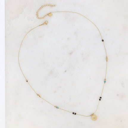 Collier Madala - chaîne fine, pierres naturelles, pendentif rond étoile et oxyde de zirconium