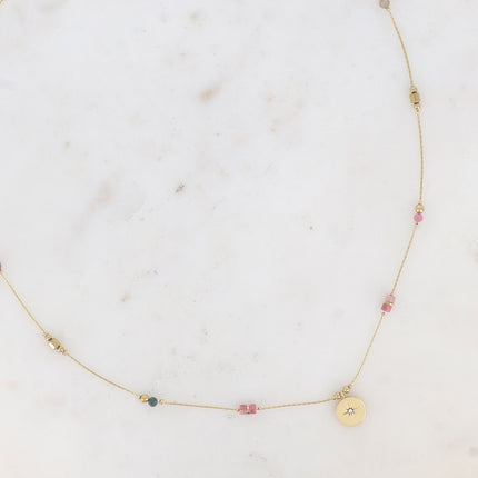 Collier Madala - chaîne fine, pierres naturelles, pendentif rond étoile et oxyde de zirconium