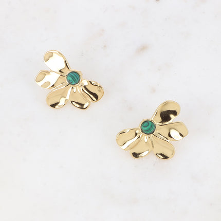 Boucles puces - motif floral et pierre naturelle ronde