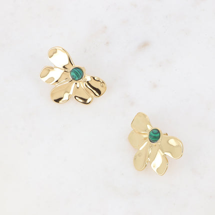 Boucles puces - motif floral et pierre naturelle ronde