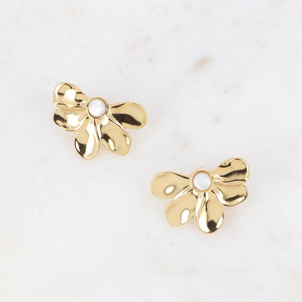 Boucles puces - motif floral et pierre naturelle ronde