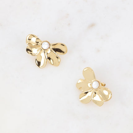 Boucles puces - motif floral et pierre naturelle ronde