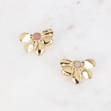 Boucles puces - motif floral et pierre naturelle ronde