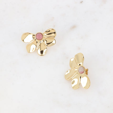 Boucles puces - motif floral et pierre naturelle ronde
