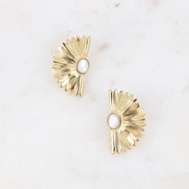 Lorelei stud earrings - floral motif and oval natural stone