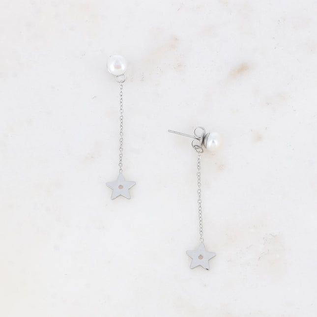 Isadora drop earrings - white resin bead, dangling chain and star