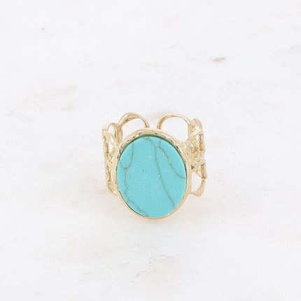 Bague large - ajourée et pierre naturelle ovale