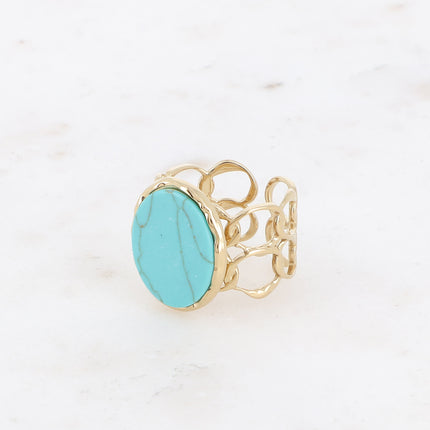 Bague large - ajourée et pierre naturelle ovale