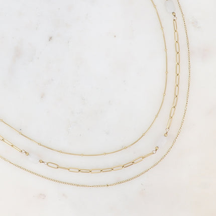Collier 3 rangs Lorraine - maille serpent, anneaux ovales et pierres naturelles