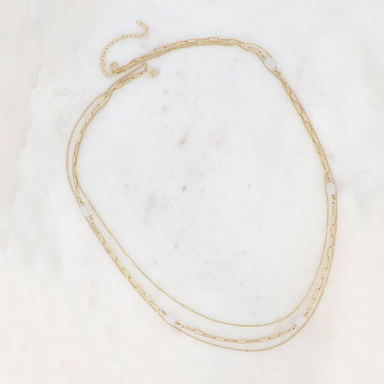 Collier 3 rangs Lorraine - maille serpent, anneaux ovales et pierres naturelles
