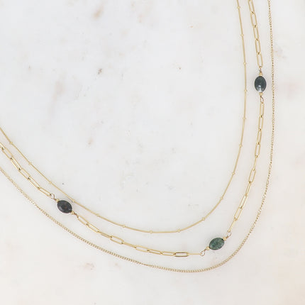 Collier 3 rangs Lorraine - maille serpent, anneaux ovales et pierres naturelles