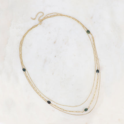 Collier 3 rangs Lorraine - maille serpent, anneaux ovales et pierres naturelles