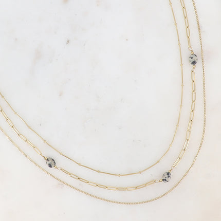Collier 3 rangs Lorraine - maille serpent, anneaux ovales et pierres naturelles