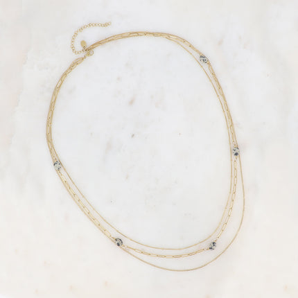 Collier 3 rangs Lorraine - maille serpent, anneaux ovales et pierres naturelles