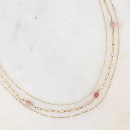 Collier 3 rangs Lorraine - maille serpent, anneaux ovales et pierres naturelles