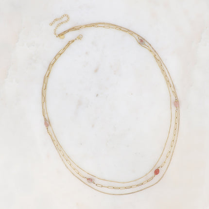 Collier 3 rangs Lorraine - maille serpent, anneaux ovales et pierres naturelles
