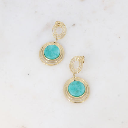Boucles pendantes - double médaillon à 3 anneaux et pierre naturelle