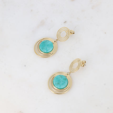 Boucles pendantes - double médaillon à 3 anneaux et pierre naturelle