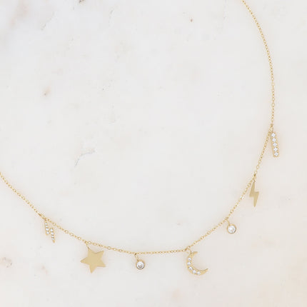 Collier - pendentifs barre, éclairs, lune, étoile et oxyde de zirconium