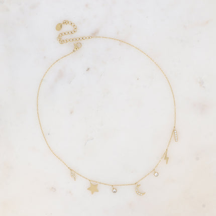 Collier - pendentifs barre, éclairs, lune, étoile et oxyde de zirconium