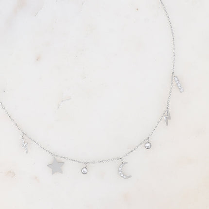 Collier - pendentifs barre, éclairs, lune, étoile et oxyde de zirconium