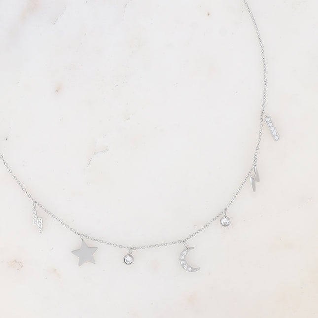 Necklace - bar, lightning bolt, moon, star and cubic zirconia pendants