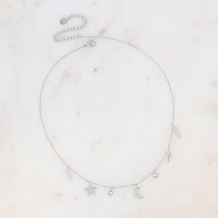 Collier - pendentifs barre, éclairs, lune, étoile et oxyde de zirconium