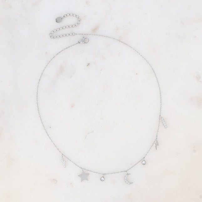 Necklace - bar, lightning bolt, moon, star and cubic zirconia pendants