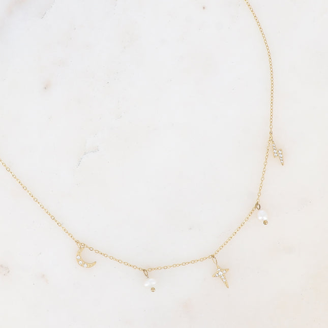 Collier Tifanny - pendentifs éclair, lune et étoile et oxyde de zirconium