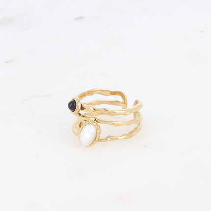 Bague - ajourée avec 2 pierres naturelles ovale et ronde