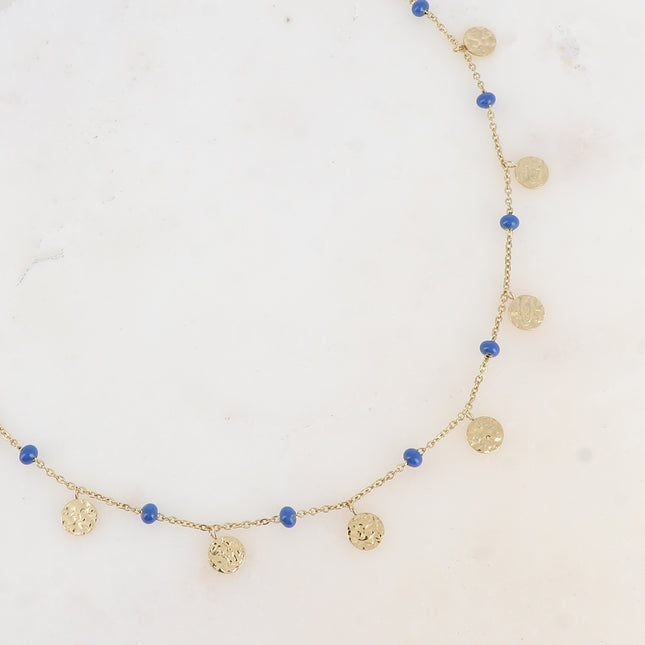 Necklace - enamel beads and hammered round tassels