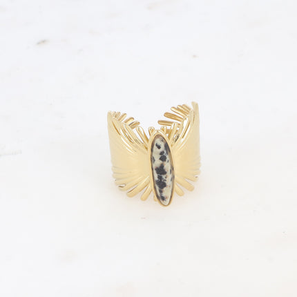 Bague large - feuilles de palmier et pierre naturelle allongée