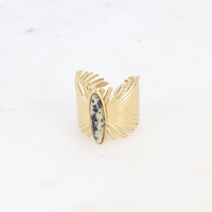 Bague large - feuilles de palmier et pierre naturelle allongée