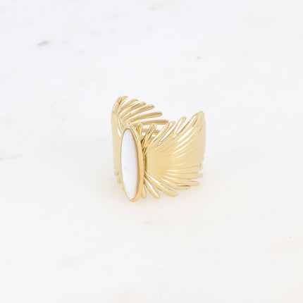 Bague large - feuilles de palmier et pierre naturelle allongée